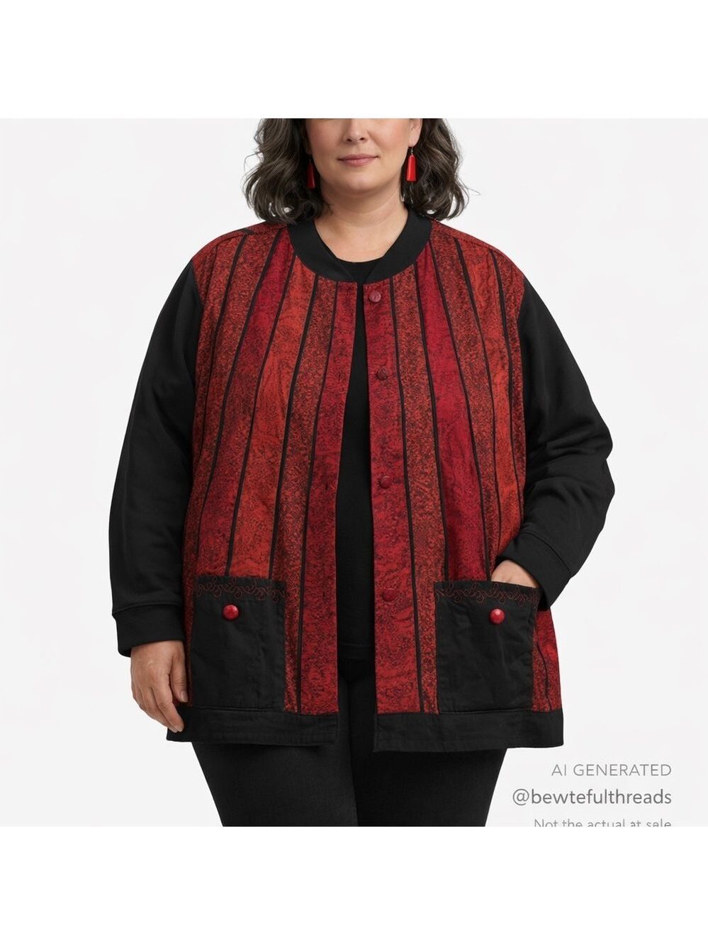 XL–2X Red Black Patchwork Lined Statement Jacket Artsy Oversized